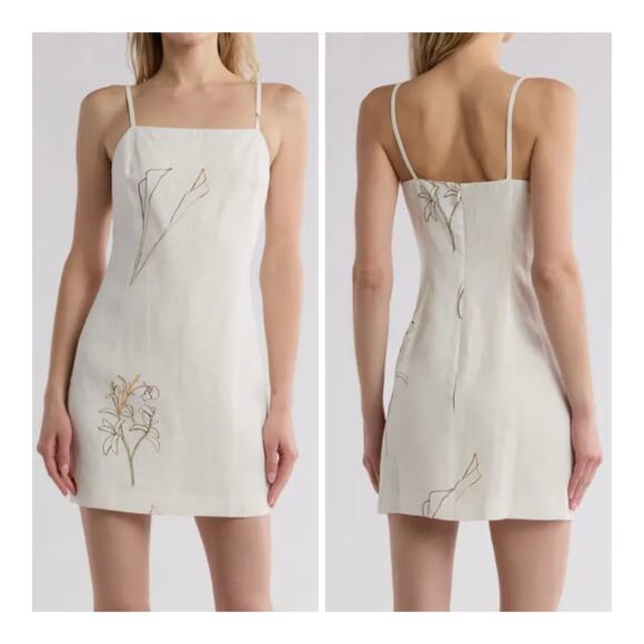 NWT Theory IWG Weekend Square Neck Nature Linen Print Resort Mini Dress - Size 4 - Picture 1 of 13